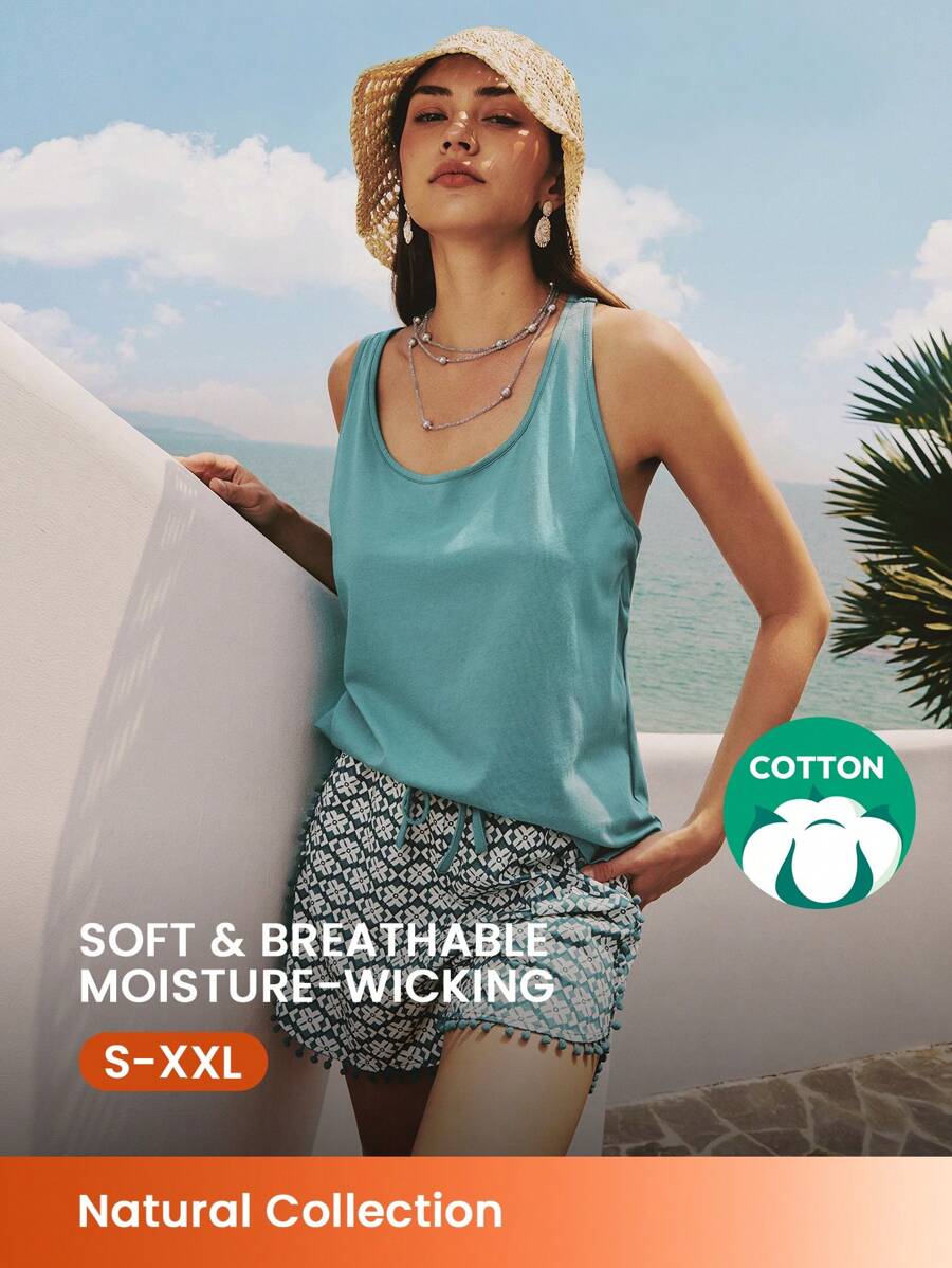 LUVLETTE Weiches Baumwoll Blau Urlaubs Quasten Saum Basis Trägerhemd & bedruckte Shorts Damen Loungewear luftiger Pyjama Set Urlaubs Lingerie als Oberbekleidung