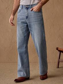 Manfinity VCAY Men's Retro Washed Blue Flared Jeans, Casual Draped Relaxed Fit Wide Leg Denim Pants, - Blue - View 6