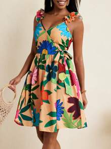 BELANGE HANDMADE Floral Print Ruffled Strap Wrap Mini Dress Women's Beachwear Outfits