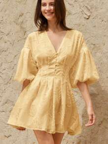 BELROSIE Women's Yellow Summer Elegant Holiday Tea Party Vintage 3D Embroidery Floral V-Neck Puff Sleeve Cinched Waist Front Button A-Line Ruffle Hem Short Dress - Yellow - View 3