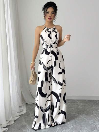 Elenzga Women's Printed Fabric Waist Tie Jumpsuit, Elegant For Holiday And Everyday Wear