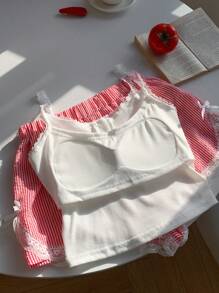 Comfortcana Women's Casual Lace Trim Cami Tank Top & Striped Shorts 2pcs Set, Summer - Red - View 5