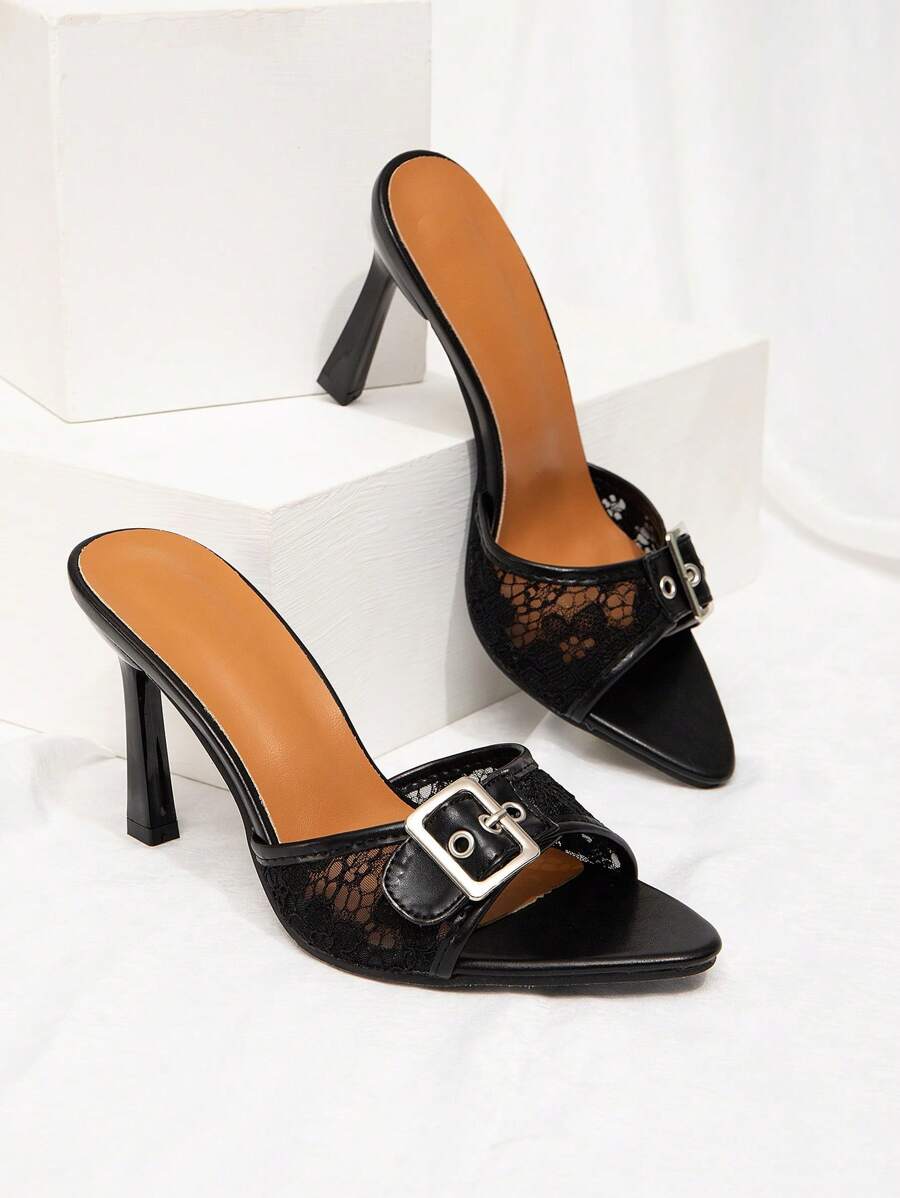 CUCCOO CHICEST Sandalias de tacón alto elegantes y románticas de punta fina con tiras de encaje para mujer, apropiadas para vestidos, té, citas, fiestas de moda y eventos formales - Negro - Ver 1