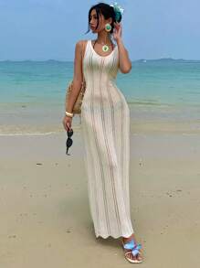 DAZY Vestido de suéter de mujer con diseño calado para vacaciones en la playa, vestido de suéter de mujer estilo Y2K - Albaricoque - Ver 2