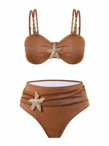 Swim Oasis 3pcs Plus Size Women Metal Decor Tankini Swimsuit Set With Sarong Pareo Coverup, Casual Beach Outfit, Summer - Brown - View 13