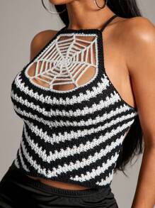 SHEIN SXY Women's Contrast Stripe Spider Web Halter Neck Top, Summer - Multicolor - View 3