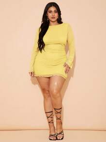 SHEIN BAE Plus Size Women's High Street Mini Short Dress, Suitable For Daily Wear, Commuting, Outing, Dating, Afternoon Tea, Vacation, French Style Dress, Formal Gown, Birthday Dress, Bridesmaid Dress, Spring/Summer,Valentine's Day,Valentine Outfits For Women - Yellow - View 1
