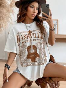 Muchica Oversized Casual Minimalist Music Festival Instrument Slogan Graphic Round Neck Short Sleeve T-Shirt, Loose Fit For Women - White - View 5