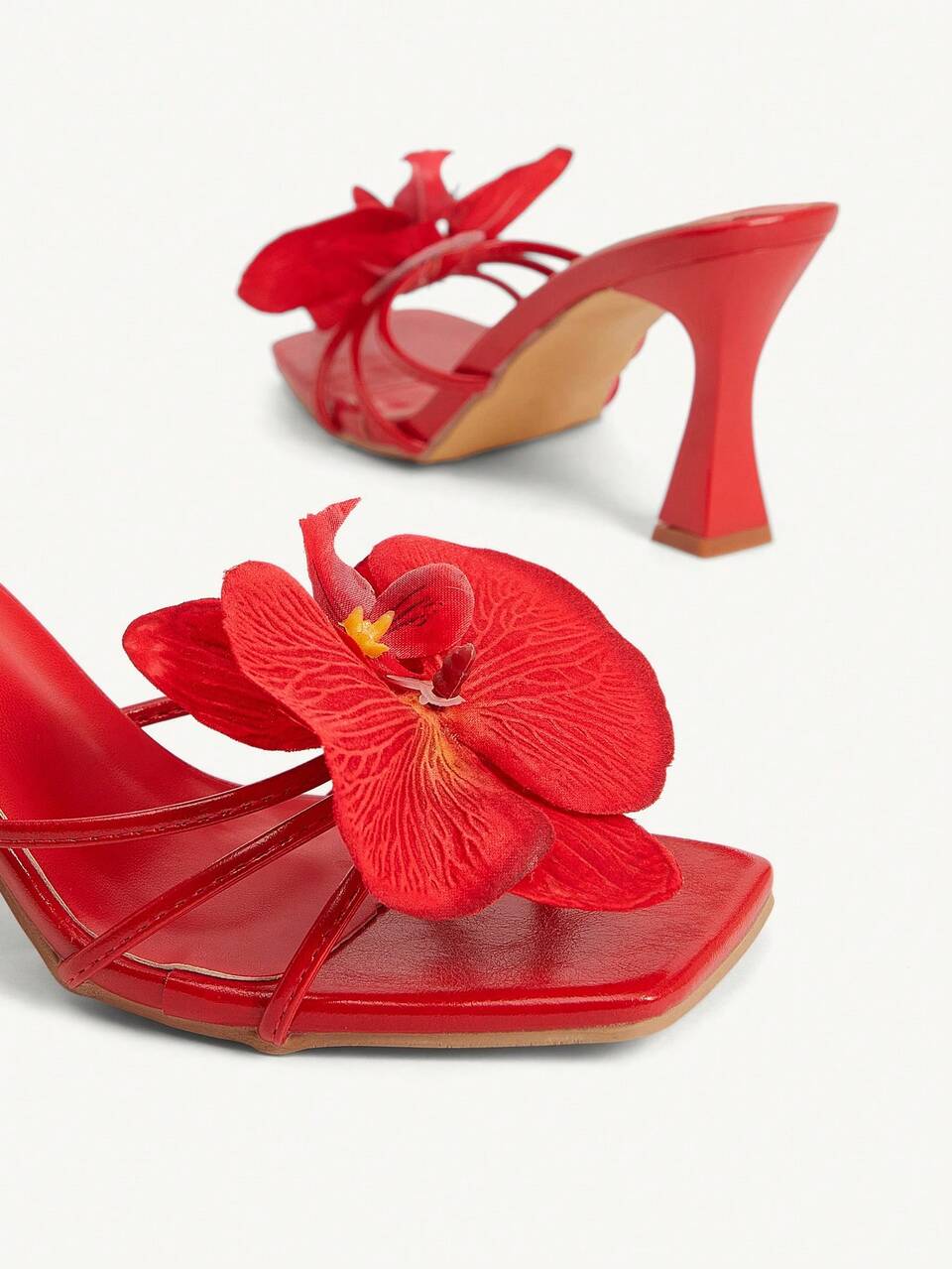 CUCCOO CHICEST Women's Iris Flower Square Toe Elegant Wine Glass Heel Sandals, Red High Heel Slippers Suitable For Beach, Tea Party, Vacation, Summer Hawaii Island Style