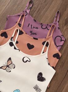 Snug Zone 3 pièces Set Débardeur et Short Pyjama Imprimé Papillon et Cœur