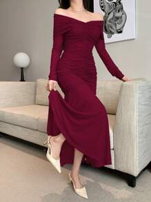 DAZY Vestido midi plisado de hombros caídos, unicolor, vestido de manga larga para otoño, vestidos rojos para mujer