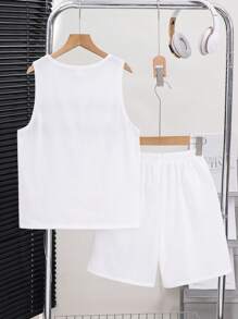 SHEIN 2 Packs Tween Boy Casual Sports College Artistic Style Retro With Small Patterns And Multi-Color Stitching White Round Neck Vest And White Shorts Set Suitable For Kids Outfits Toddler Boy Clothes Back To School Boys Set Suitable For Birthday Parties, Evening Parties, Performances, Weddings, Baptisms, Opening Ceremonies Daily Suitable For Daily Use Suitable For School Suitable For Travel Suitable For Sports Suitable For Spring And Summer Seasons - White - View 3