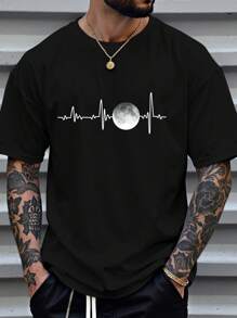 Manfinity RSRT Plus Size Men's Black Short Sleeve T-Shirt, Creative Moon And Cardiogram Design, Minimalist Style, Casual And Fashionable, Comfortable Everyday Wear - Black - View 3