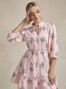 SHEIN LUNE Đầm ngắn thắt eo cổ chữ V in họa tiết cho nữ tay 3/4 - Hồng - Xem 7