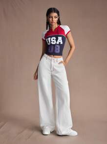 SHEIN EZwear 女式口袋喇叭宽松休闲百搭牛仔裤 - 白色 - 查看 5