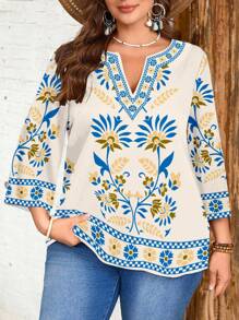 EMERY ROSE Plus Size Vintage Floral Print Comfortable Casual V-Neck Top - Multicolor - View 1