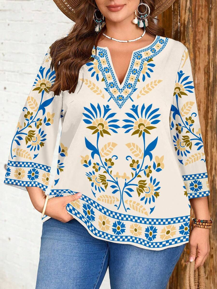 EMERY ROSE Plus Size Vintage Floral Print Comfortable Casual V-Neck Top - Multicolor - View 1