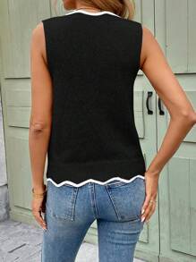 SHEIN LUNE Women's Casual Colorblock Wave Collar Sleeveless Knitted Tank Top, Basic Everyday Wear, Spring/Summer - Black - View 2