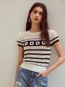 MOTF STUDIO FLORAL CROCHET STRIPED KNIT TOP - Apricot - View 3