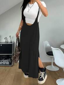 Coolane 女款夏秋復古外出基礎約會運動休閒風黑色純棉長洋裝 - 黑色 - 查看 7