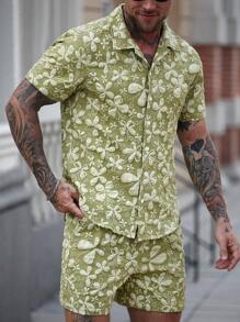 Manfinity RSRT 2pcs/Set Full Print Button Front Short Sleeve Shirt & Pocket Shorts Set - Green - View 6