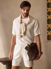 Manfinity NXTstreet 2Pcs/Set Men's Casual Loose Fit Round Neck Short Sleeve T-Shirt & Mid-Rise Drawstring Elastic Waist Shorts Set, Solid Color - White - View 1