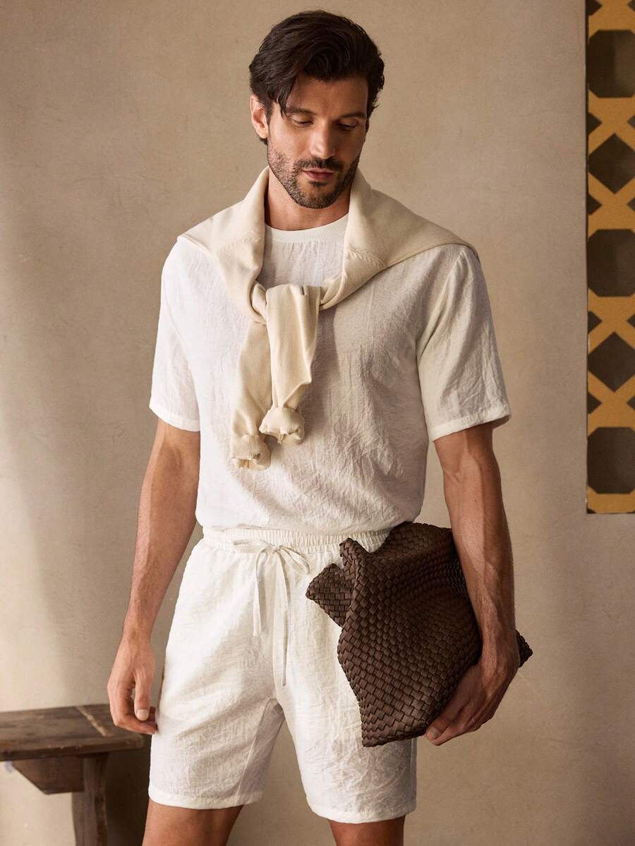 Manfinity NXTstreet 2Pcs/Set Men's Casual Loose Fit Round Neck Short Sleeve T-Shirt & Mid-Rise Drawstring Elastic Waist Shorts Set, Solid Color - White - View 1