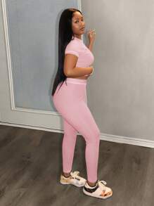 Slaydiva 2025 春夏新款休闲街头百搭运动基础修身绿色圆领短袖短款T恤和撞色腰裤女士两件套，适合音乐节、复活节、西部游牧风格、乡村风格、婚礼嘉宾、日常旅行、毕业季、派对聚会、俱乐部、运动健身、瑜伽 - B 粉色 2 件套休闲 2 件套 - 粉色 - 查看 7