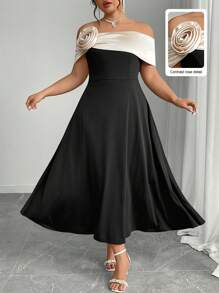 Elenzga Plus Size Women Black & Beige Off-Shoulder Dress With Waist Shaping, Formal Spring Dress - Black and White - View 1