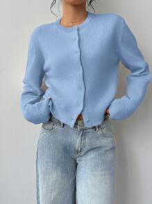 SHEIN BASICS 女士休闲纯色圆领长袖宽松短款开衫，秋冬季上学上衣 - 淺藍色 - 查看 4