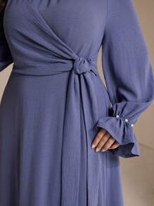 Veilorie Women Plus Size Solid Color Ruched Puff Sleeve Knot Waist Elegant Dress - Blue - View 5