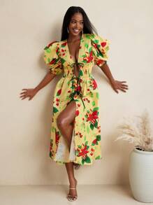 BELANGE HANDMADE Abito donna con stampa floreale, maniche corte a palloncino, vita arricciata, fiocco e spacco al ginocchio, adatto per vacanza e tempo libero