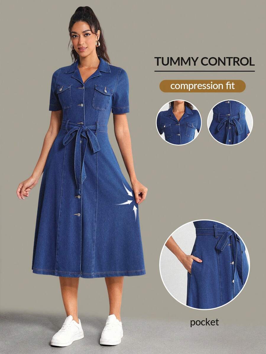 SHEIN Essnce Women's Denim Dress Short Sleeve, Fashionable For Summer - Blue - View 1
