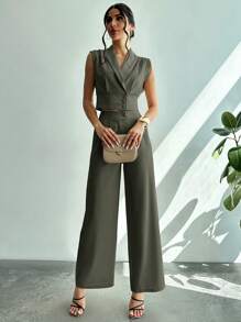 Firerie Women's Elegant Blazer Collar Cinched Waist Shirt + Straight Leg Pants 2 Pieces Set - Army Green - View 6