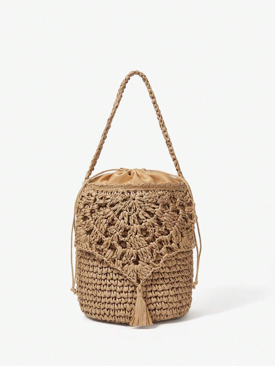 Maija Women's Handmade Woven Straw Tasseled Handbag For Vacation - Beige - View 1