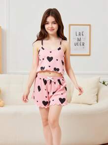 SHEIN Conjunto de pijama con camiseta de tirantes con gráfico de corazón y pantalones cortos para niñas preadolescentes