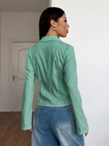Chiquease 法式修身蓝白条纹长袖优雅优雅办公室职业装女衬衫 - 綠色 - 查看 2