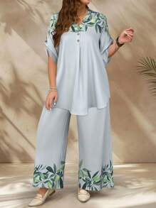 EMERY ROSE Set da 2 pezzi di camicia con volant e pantaloni con stampa floreale, per taglie forti da donna, adatto per vacanza