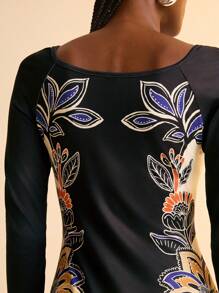 CAJUNI 波西米亚风热带植物花卉印花针织长袖女式紧身长裙，度假风格 - 彩色 - 查看 7