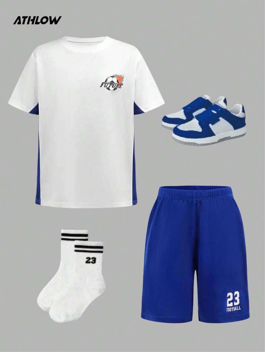 Tween Boys 2 Pieces Outfit, Loose Fit Short Sleeve Printed T-Shirt & Loose Letter Print Shorts, Comfortable Soft Sports & Leisure Suit For Running, Sports, Outdoor Daily Wear - Blue - View 1