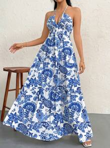 Firerie 女式超大波西米亚印花休闲连衣裙，适合夏季、海滩度假、春假、音乐节、毕业典礼 - 藍色 - 查看 5