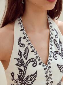 MOTF STUDIO LINEN EMBROIDERED HALTER NECK CAMISOLE - Apricot - View 2