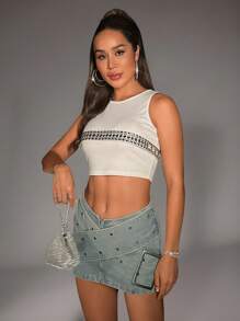 Aveloria Affinna Falda en mezclilla con ojal con tira cruzada con diseño con hebilla