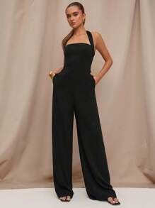 SHEIN BAE Bộ đồ liền thân cổ yếm bằng vải lanh đơn giản thanh lịch dành cho nữ, thích hợp cho các buổi hẹn hò, tiệc trà chiều, tụ họp bạn gái, kỳ nghỉ, kỳ nghỉ bãi biển, chuyến đi Ý, đi chơi, trang phục du ngoạn, trang phục ăn trưa, phong cách Ibiza, áo mùa hè - màu đen - Xem 6