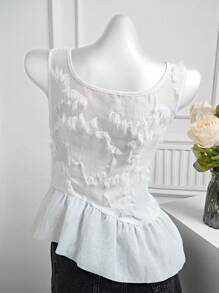 SHEIN Clasi Damen Sommer Neu Weiß Jacquard Organza Baumwolle Bubble Garn Elegante Mode Asymmetrisch Patchwork Hochwertig gefranster quadratischer Kragen geraffte ärmelloses Lässig Urlaub Komfortables Camisole - Weiss - Übersicht 2