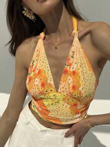 Aloruh New Paisley Print Sexy Deep V Halter Backless Sleeveless Cropped Tank Top, Figure-Flattering - Yellow - View 1