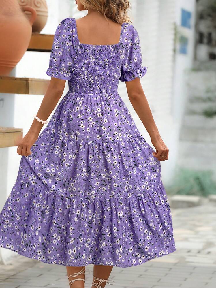 SHEIN Clasi Kvinnor med blommönster med puffärm i A-linje - Mauve Lila - Visa 2