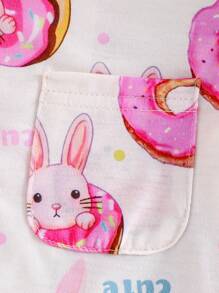 2pcs/Set Young Girl Summer Sweet Donuts & Rabbit Printed Short Sleeve Cardigan Loungewear Set - Pink - View 4