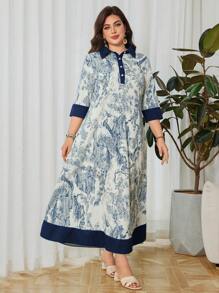 Lacomfia Vestido de talla grande con estampado de bloque de color y cuello de camisa - Azul - Ver 3