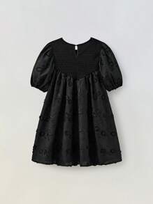 Ontre Tween 女童杏色纯色仿针织纹理刺绣泡泡袖 A 字裙，休闲度假返校时尚